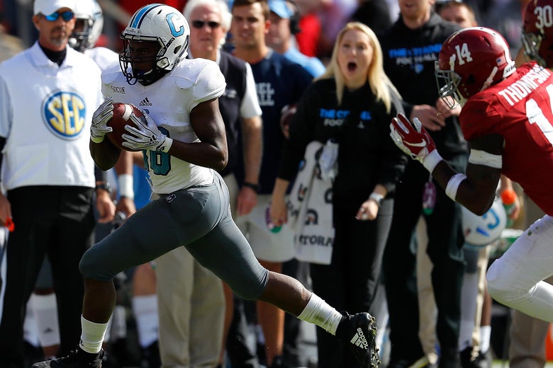 TUSCALOOSA, AL - NOVEMBER 17: Dante Smith #18 of the Citadel Bulldogs rushes for a touchdown against the Alabama Crimson Tide at Bryant-Denny Stadium on November 17, 2018 in Tuscaloosa, Alabama. (Photo by Kevin C. Cox/Getty Images)